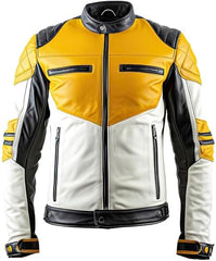 Men's Classy White and Yellow Genuine Sheepskin Leather Jacket