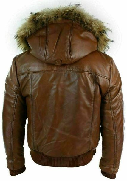 Bomber Brown Hooded Men Fur Leather Jacket