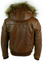 Bomber Brown Hooded Men Fur Leather Jacket