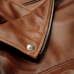 Women's Classic Asymmetrical Lapel-Style Sheepskin Brown Leather Jacket