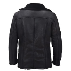 Men's Sherpa Fur Notch-Collar Black Lambskin Leather Jacket