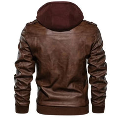 Men's Hooded Winter Brown Bomber Cowhide Leather Jacket