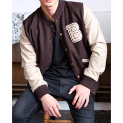 Men's Brown Fashion 'B' Patch logo B3 Bomber Varsity Jacket