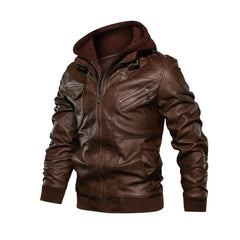 Men's Hooded Winter Brown Bomber Cowhide Leather Jacket