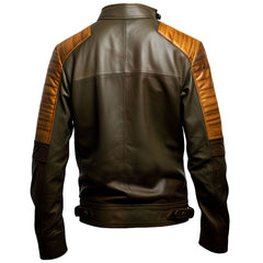 Olivgrüne und braune Biker-Lederjacke aus echtem Schaffell für Herren