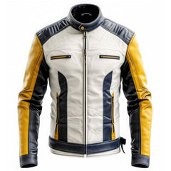 Herren Retro Lederjacke aus Schaffell in Weiß und Marineblau mit Kontrast