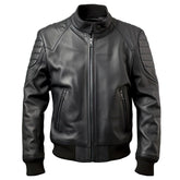Men’s Stand-Collar Casual Black Sheepskin Bomber Leather Jacket