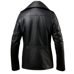 Men’s Notched Lapel-Collar Black Sheepskin Double-Breasted Leather Pea Coat