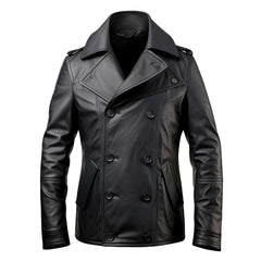 Men’s Notched Lapel-Collar Black Sheepskin Double-Breasted Leather Pea Coat