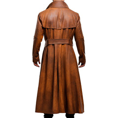 Men’s Distressed Brown Vintage Classic Duster Long Sheepskin Leather Coat