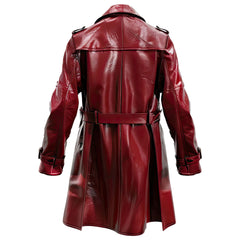 Men’s Crossover Lapel-Collar Maroon Belted Sheepskin Trench Leather Coat