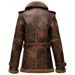 Women's Distressed Brown Sherpa-Lined Sheepskin Leather Coat
