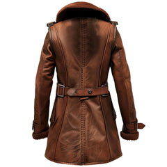 Women’s Distressed Brown Sheepskin Sherpa-Lined Mid-Length Leather Coat
