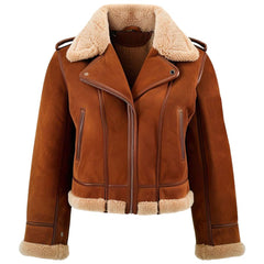 Women’s B3 Chocolate Brown Genuine Suede Sherpa Collar Leather Jacket