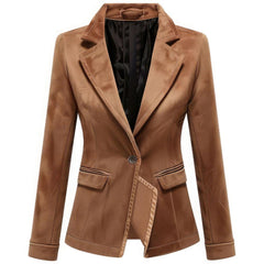 Women’s Light Brown Suede Notch Lapel-Collar Semi-Formal Leather Blazer