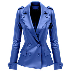 Women’s Royal Blue Slim-fit Soft Mid-length Sheepskin Leather Pea Coat