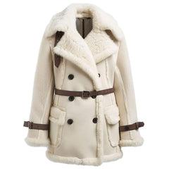 Women’s Beige Soft Sherpa-Lined Classy Winter Sheepskin Leather Coat