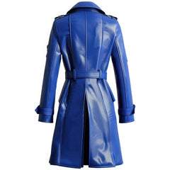 Women’s Royal Blue Classic Belted Semi-Formal Sheepskin Leather Coat