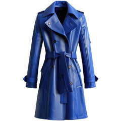 Women’s Royal Blue Classic Belted Semi-Formal Sheepskin Leather Coat