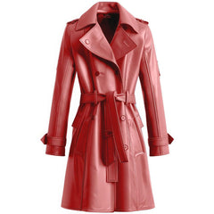 Women’s Tea Pink Knee-Length Stylish Sheepskin Long Leather Coat
