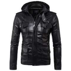 Men's Black Military-Inspired Detachable Hoodie Lambskin Leather Jacket