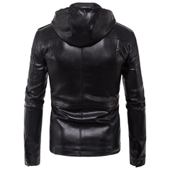 Men's Black Military-Inspired Detachable Hoodie Lambskin Leather Jacket