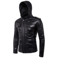 Men's Black Military-Inspired Detachable Hoodie Lambskin Leather Jacket