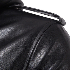 Men's Black Military-Inspired Detachable Hoodie Lambskin Leather Jacket