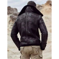Unisex's Vintage-Inspired Black Leather Bomber with Shearling Collar Leather Jacket