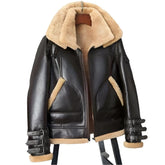 Men's Triple Belted Cuffs Brown Sharpa Leather Jacket