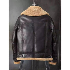 Men's Triple Belted Cuffs Brown Sharpa Leather Jacket