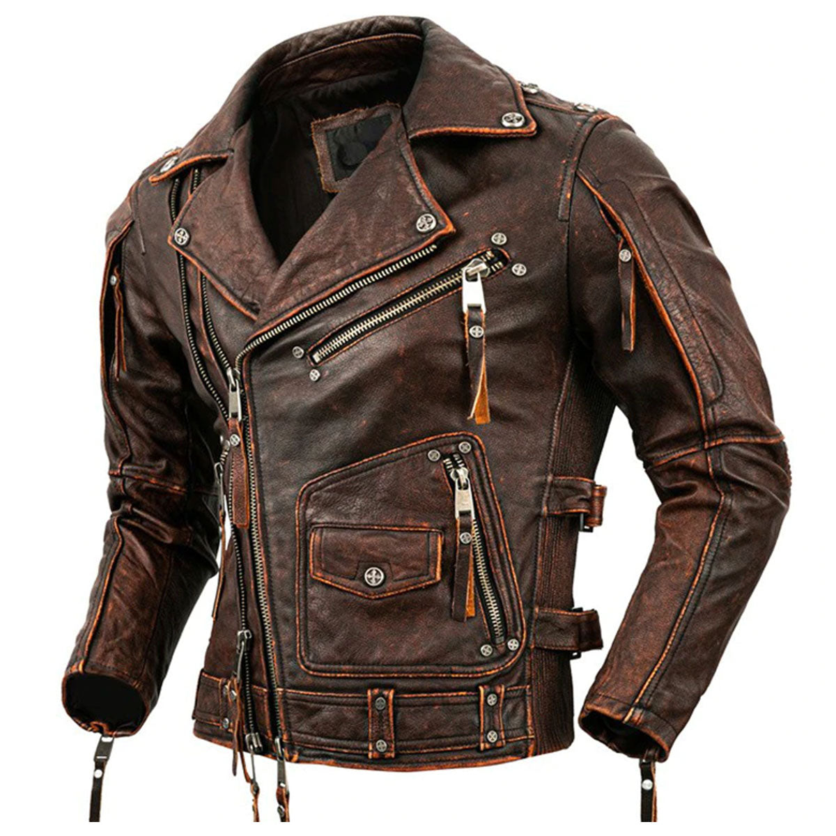 Herren Retro Distressed Braun Antik Rustikal Rindsleder Brando Lederjacke