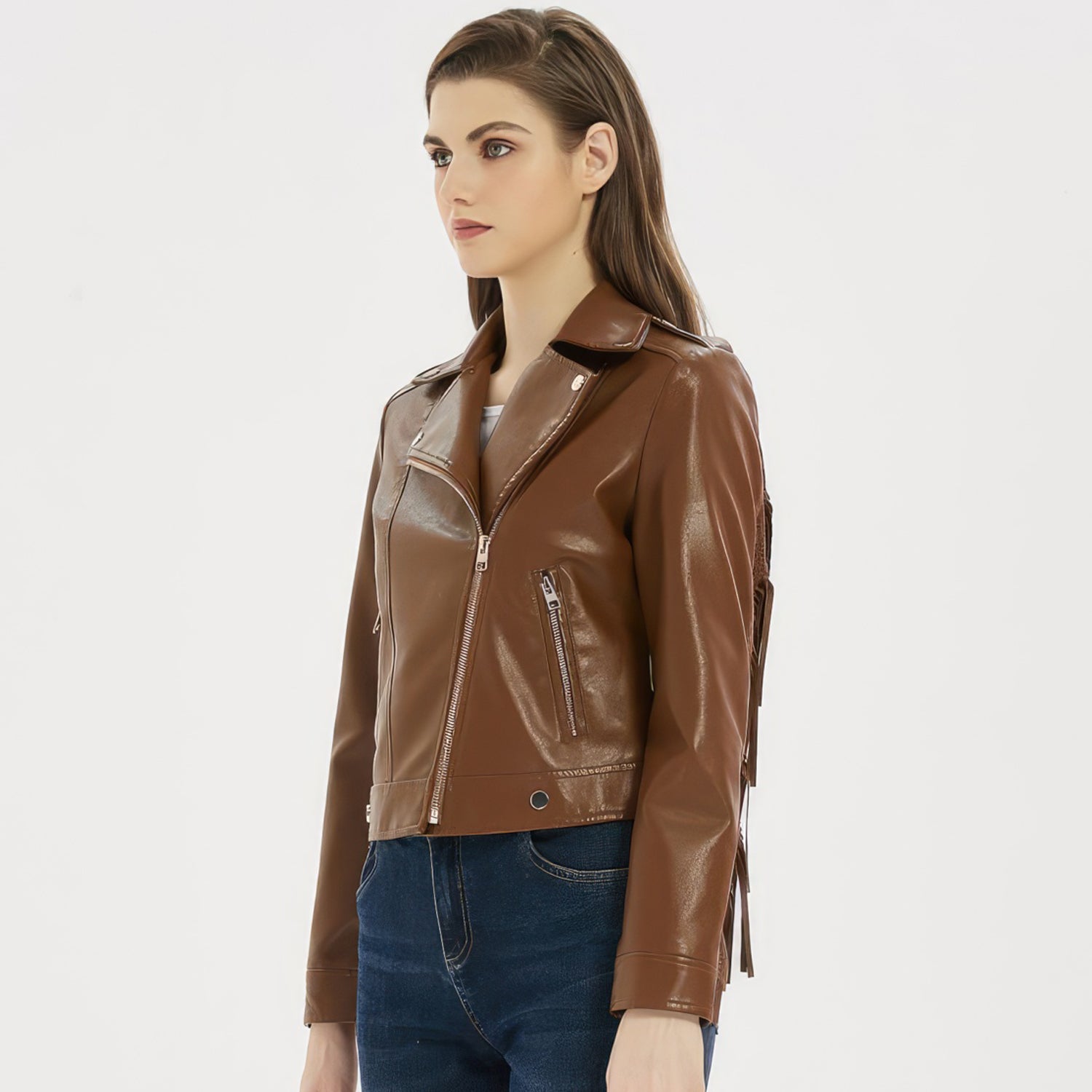 Veste en cuir véritable de mouton marron pour femme avec bordure à franges
