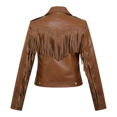 Veste en cuir véritable de mouton marron pour femme avec bordure à franges
