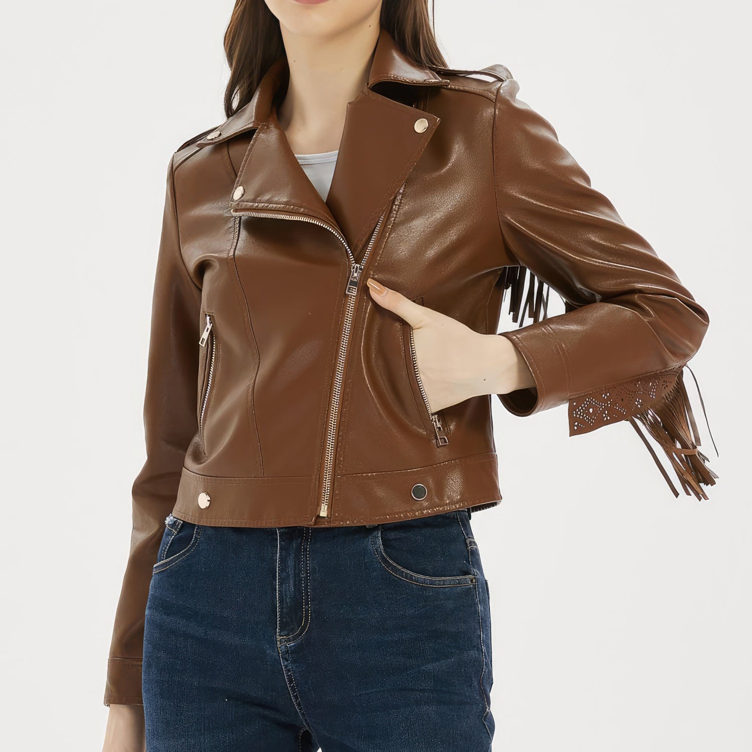 Veste en cuir véritable de mouton marron pour femme avec bordure à franges
