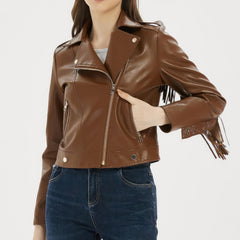 Veste en cuir véritable de mouton marron pour femme avec bordure à franges
