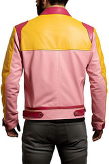 Veste en cuir véritable à col de chemise en peau de mouton rose et jaune pour homme