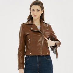 Veste en cuir véritable de mouton marron pour femme avec bordure à franges