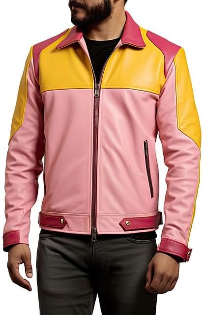 Veste en cuir véritable à col de chemise en peau de mouton rose et jaune pour homme