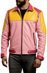 Veste en cuir véritable à col de chemise en peau de mouton rose et jaune pour homme