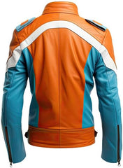 Veste de motard en cuir de mouton véritable à rayures orange et bleu pour homme