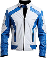 Veste de course zippée en cuir de mouton véritable blanc et bleu pour homme