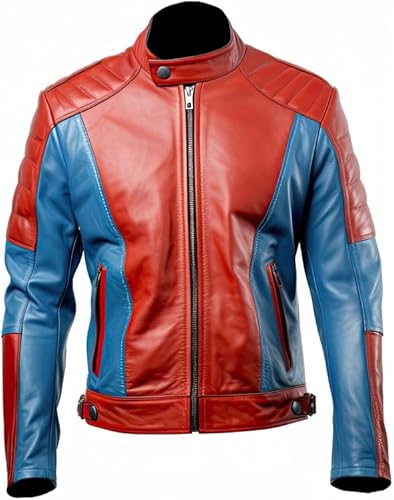 Veste en cuir rouge et bleu vieilli avec fermeture éclair asymétrique pour homme