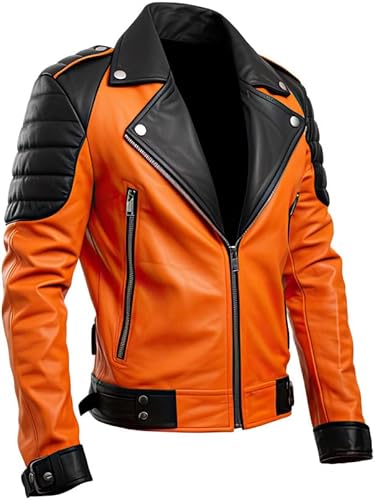 Veste en cuir de mouton véritable orange et noire pour homme avec épaules rembourrées