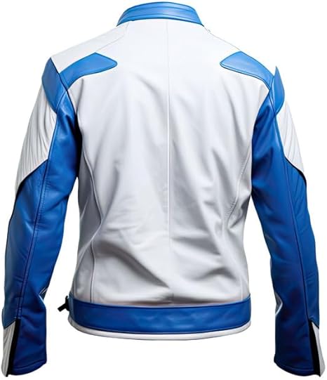 Veste de course zippée en cuir de mouton véritable blanc et bleu pour homme