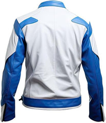 Veste de course zippée en cuir de mouton véritable blanc et bleu pour homme