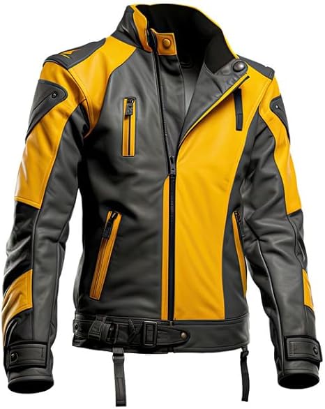 Veste motard en cuir véritable de mouton noir moutarde et anthracite pour homme