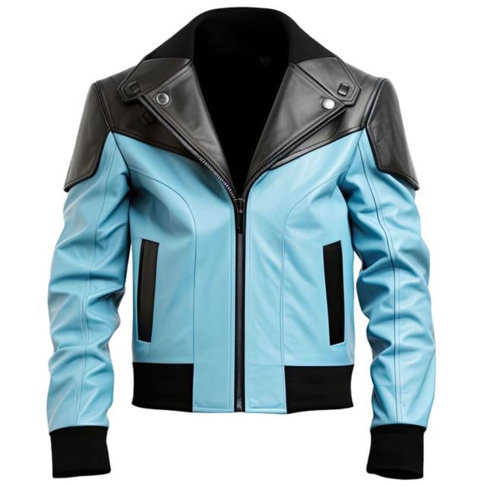Veste en cuir de mouton véritable bleu ciel et noir pour homme avec col à revers 