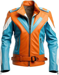 Veste de motard en cuir de mouton véritable à rayures orange et bleu pour homme