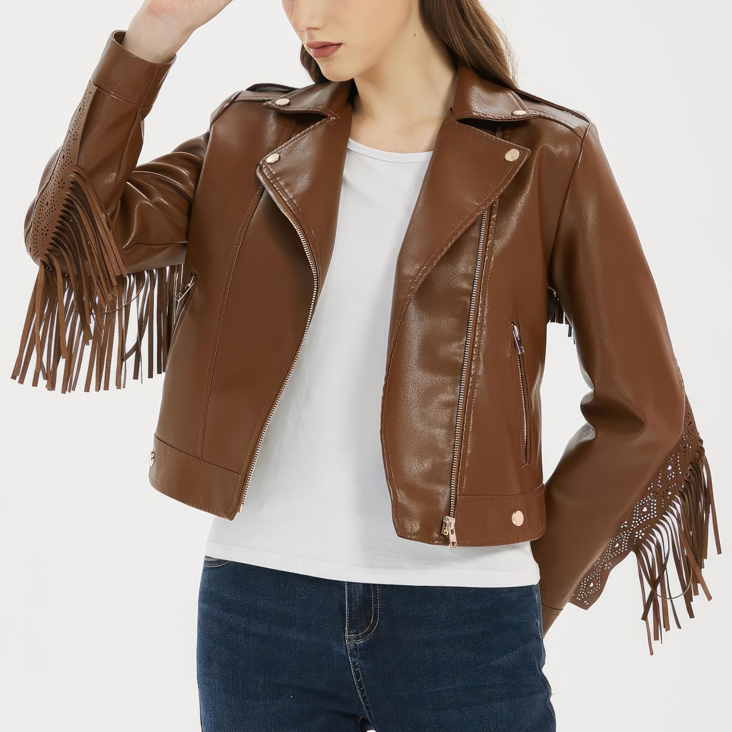 Veste en cuir véritable de mouton marron pour femme avec bordure à franges